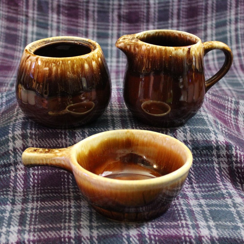 Vintage Three Piece Ceramic Brown Dripware USA Pottery  Set